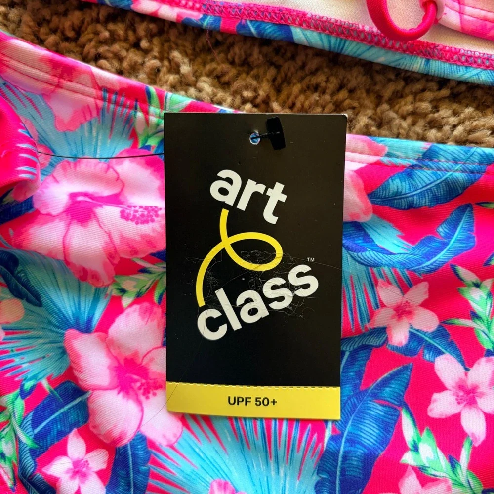Art Class Pink Tropical Hawaiian Floral Rash Guard Bikini Bathing Suit 6/7 NWT